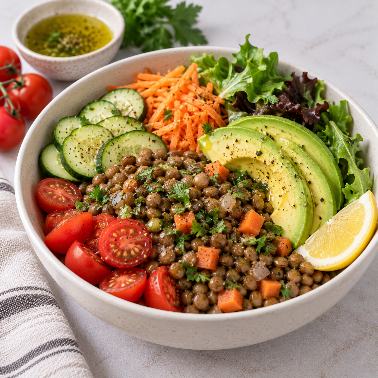 Bowl de lentejas con aguacate, zanahoria y verduras