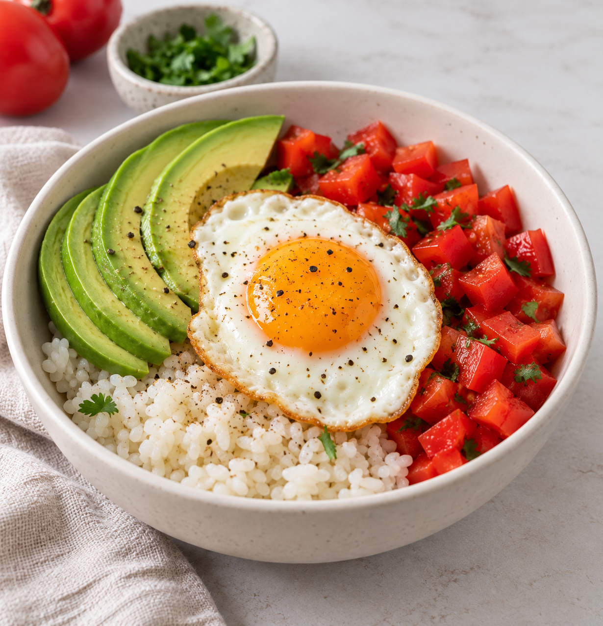 Bowl de quinoa con huevo frito, aguacate y tomate