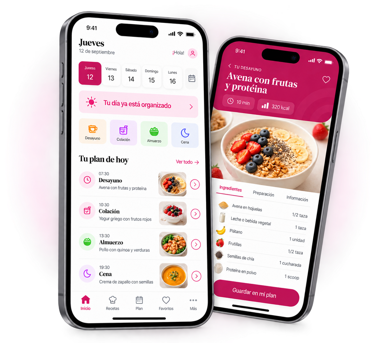Pantalla Mi Día de NutriCoach con plan diario organizado
