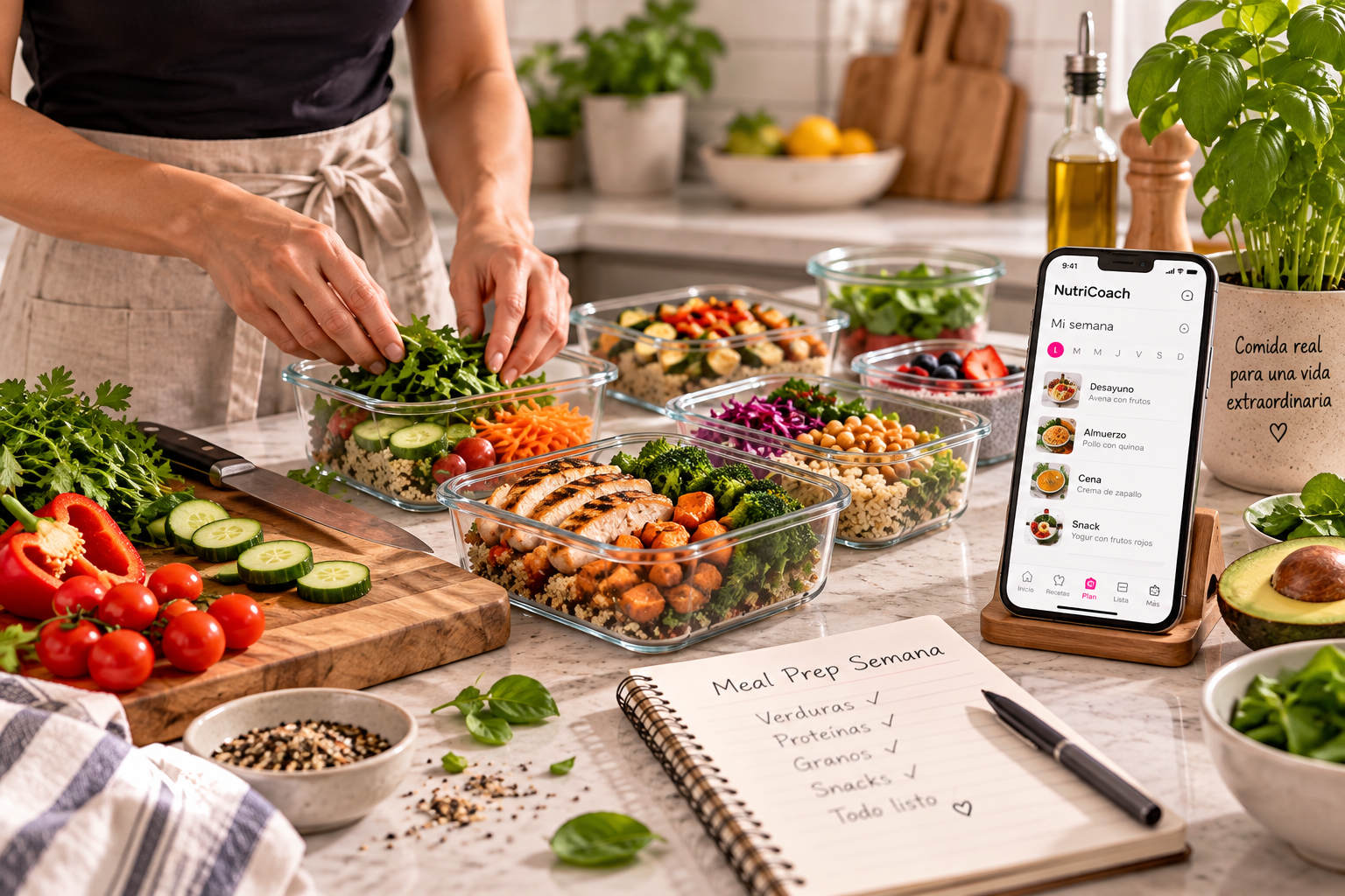 Meal prep organizado con porciones listas para la semana