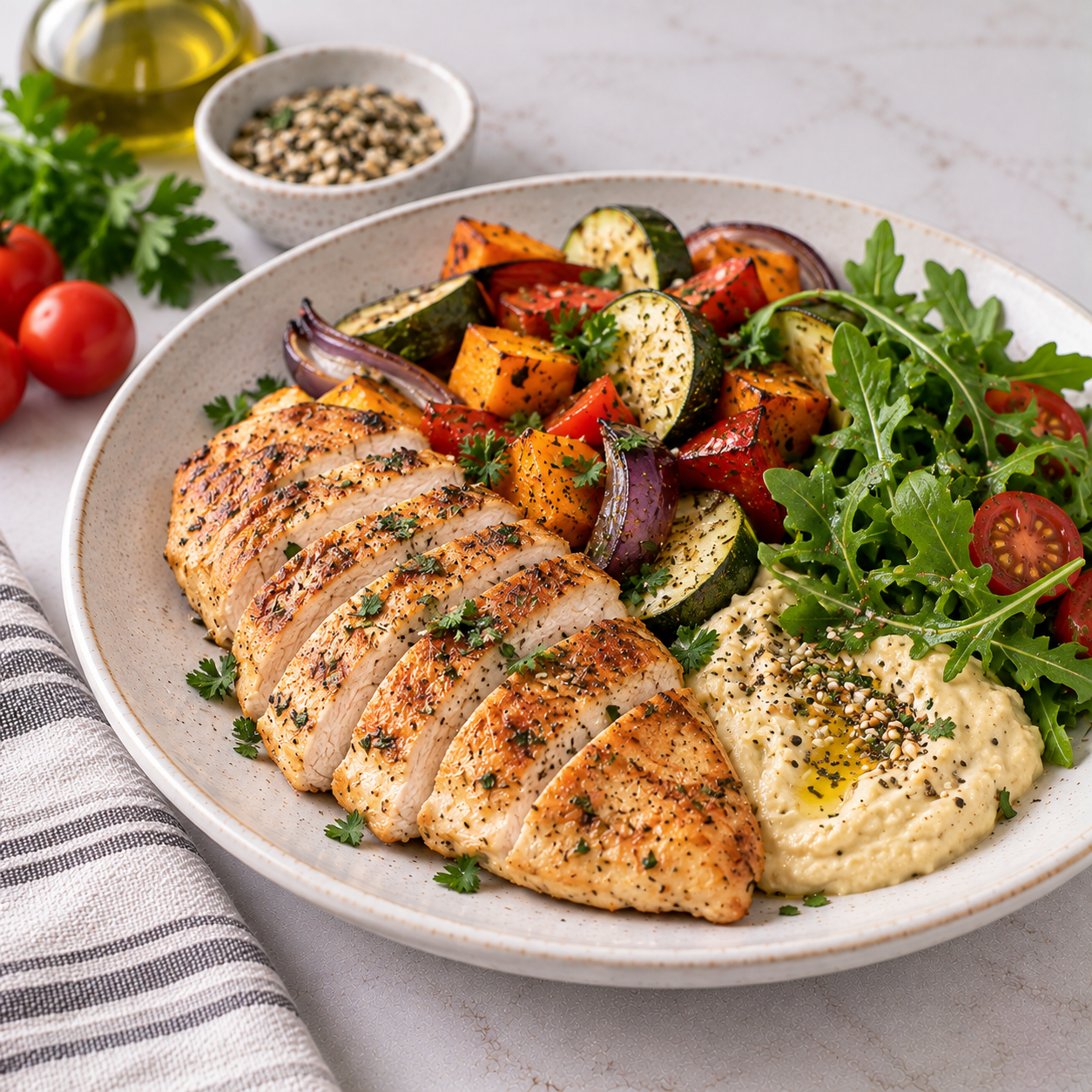 Pechuga de pollo con verduras asadas y hummus