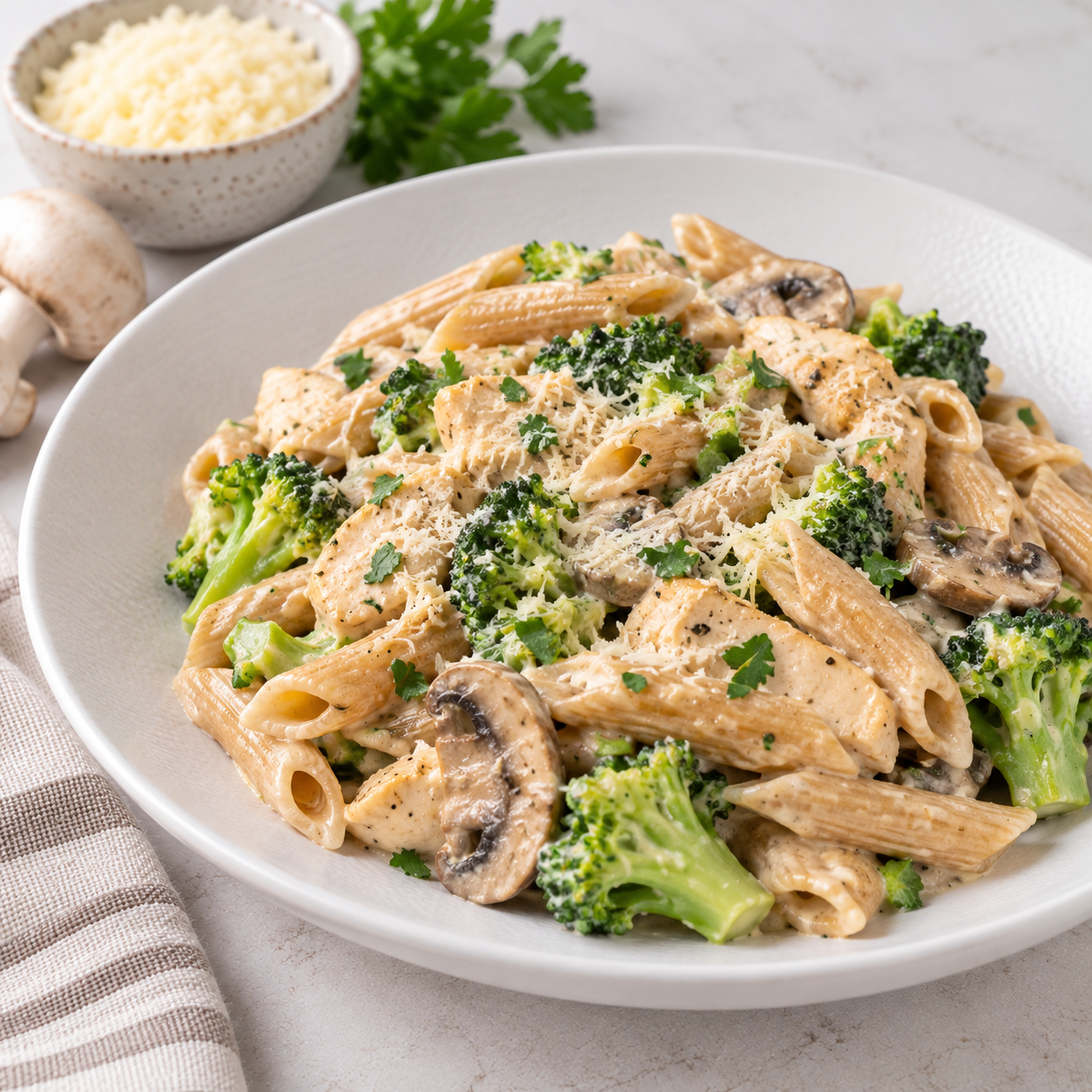Penne con pollo, brócoli y salsa cremosa