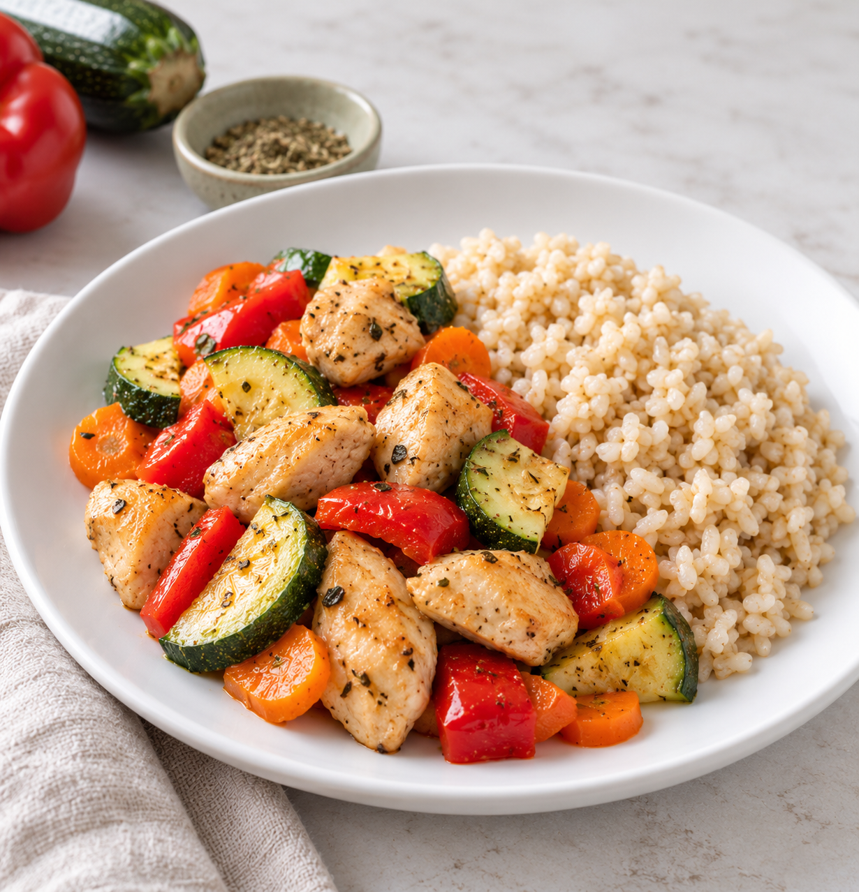 Pollo a la plancha con verduras asadas y quinoa