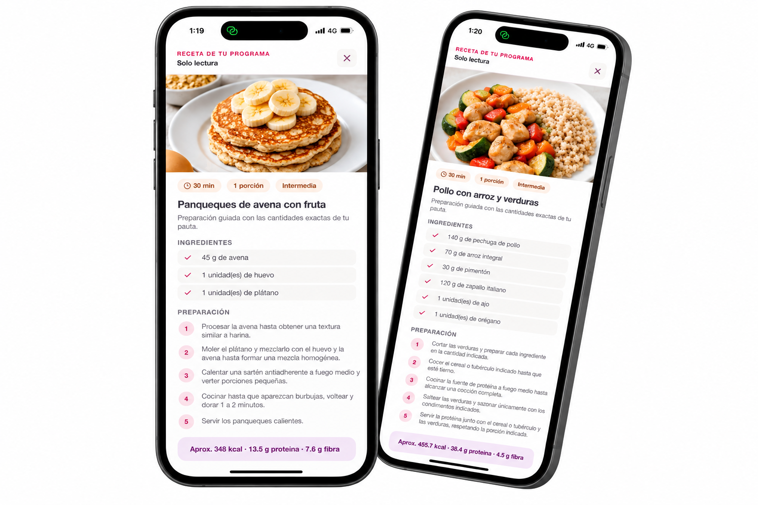 Pantalla de recetas de NutriCoach mostrando ingredientes, preparación paso a paso e información nutricional
