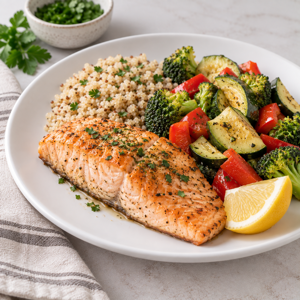 Salmón a la plancha con quinoa y brócoli