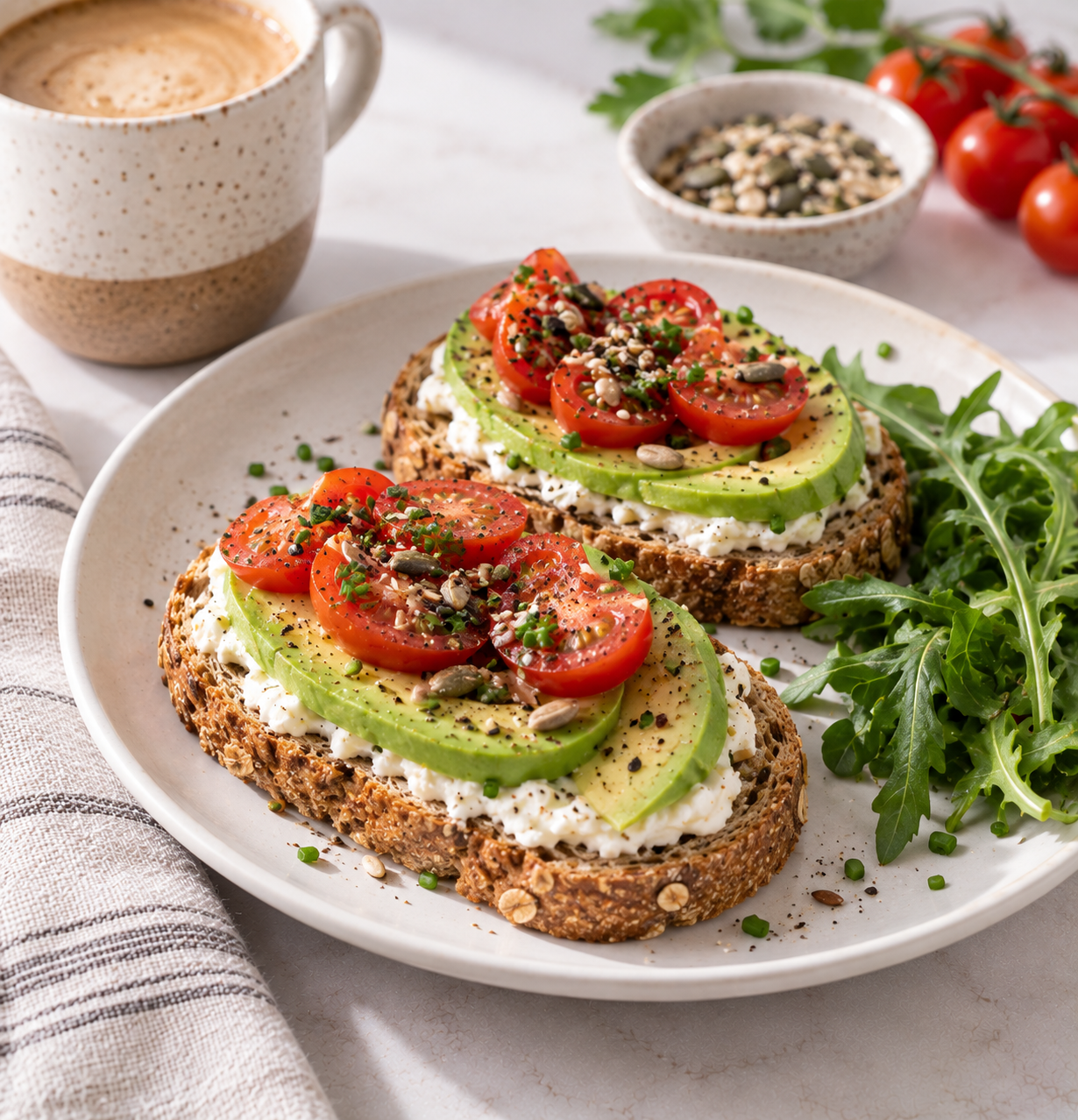 Tostadas integrales con aguacate, tomate y semillas